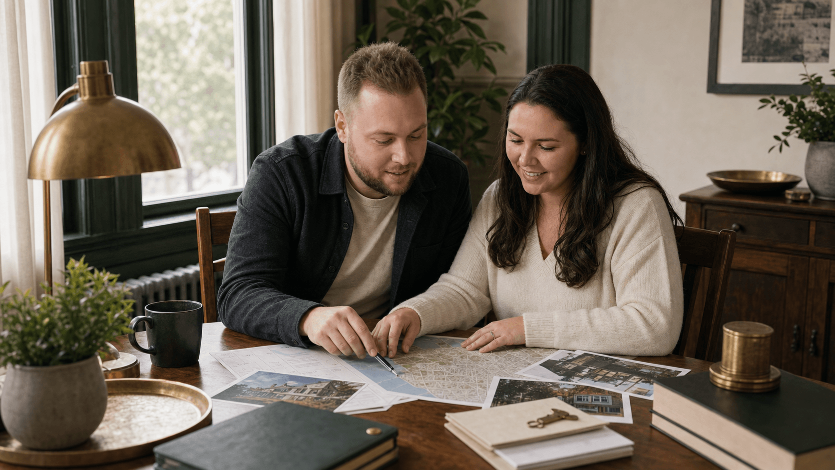 EJ and Kylie reviewing Buffalo property opportunities at a table
